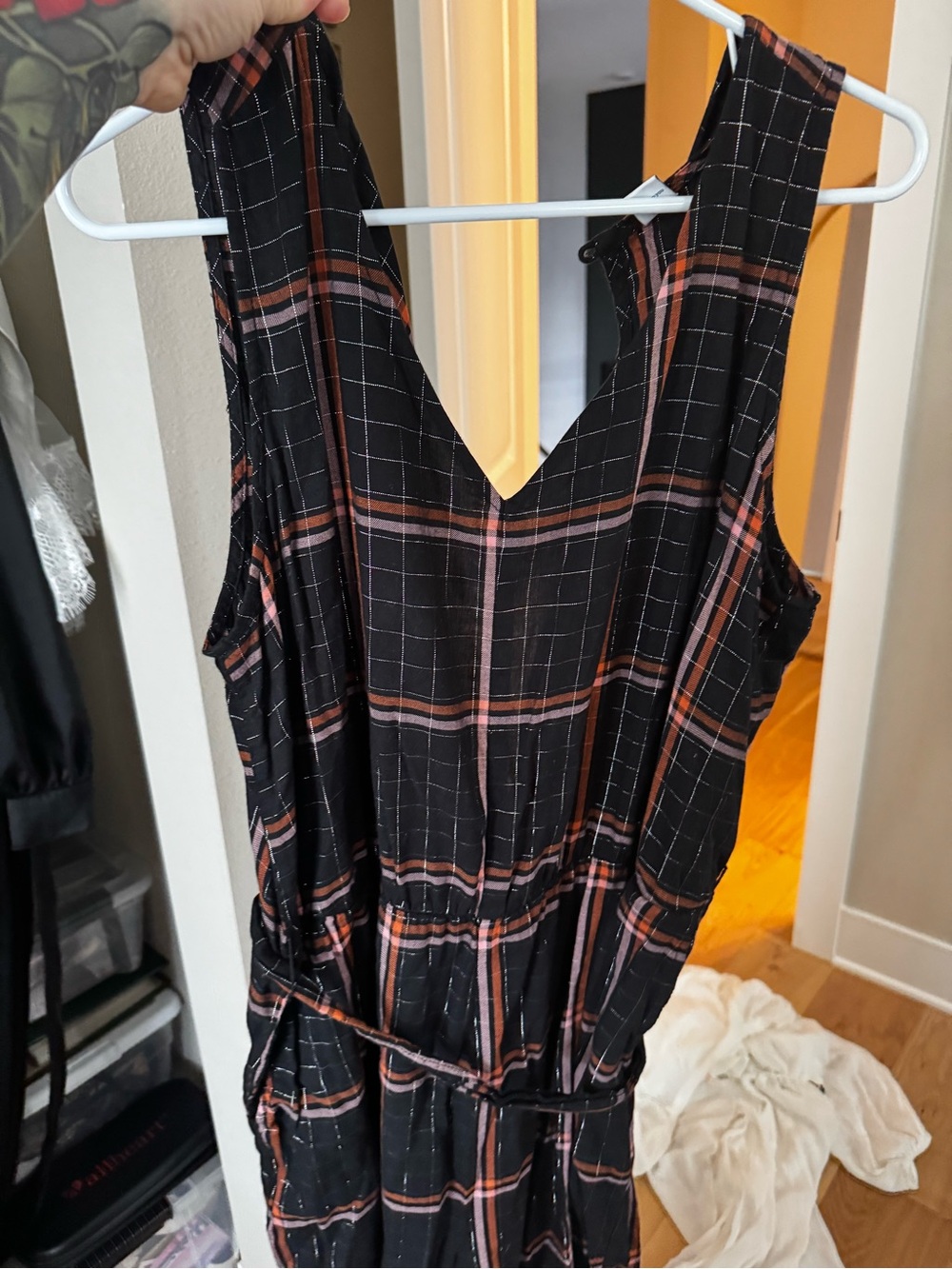 Old Navy Black Plaid Jumpsuit with Rust & Pink Stripes